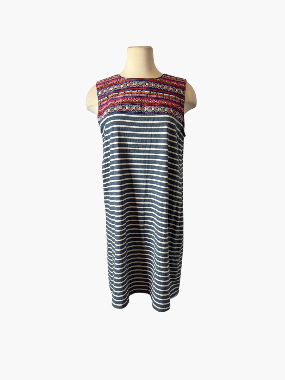 THML Navy & White Striped Shift Dress with Pink Embroidered Yoke